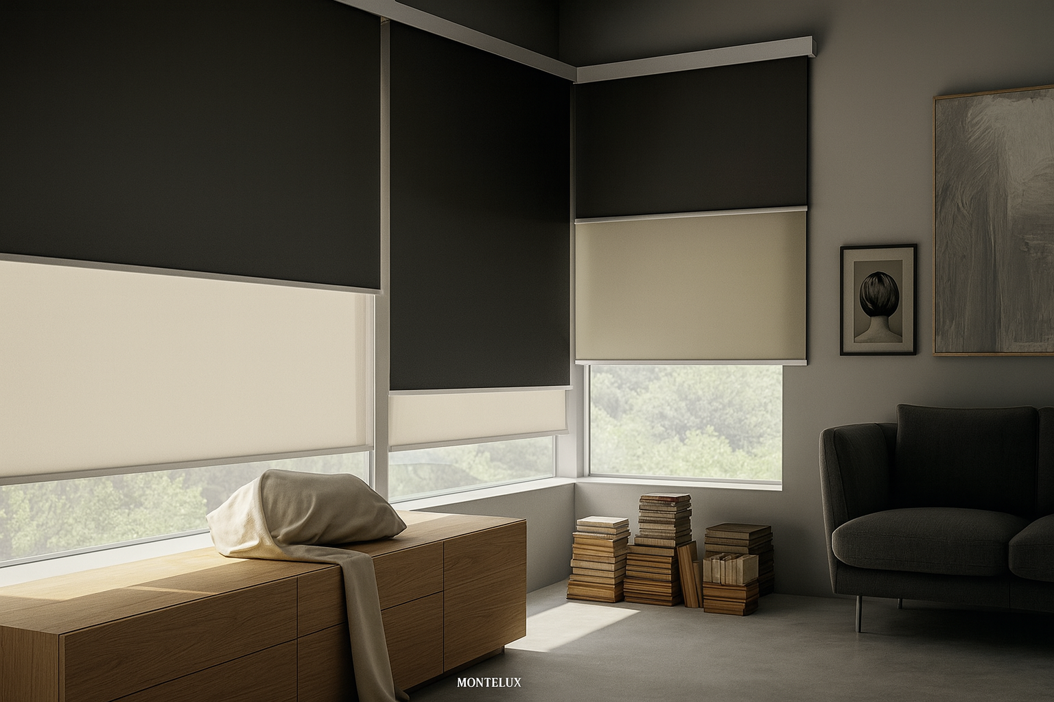 Sistema de cortina roller dual combinando tela screen y blackout en departamento de Viña del Mar